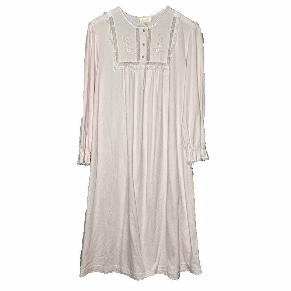 Vtg Barbizon Feathaire Lightwt Flannel Nightgown Pink Lace Cottage Coquette Sz L